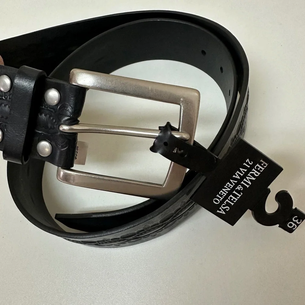 Fermi & Telsa Mens Black Embossed Leather Belt Size 36 Made in USA NEW
